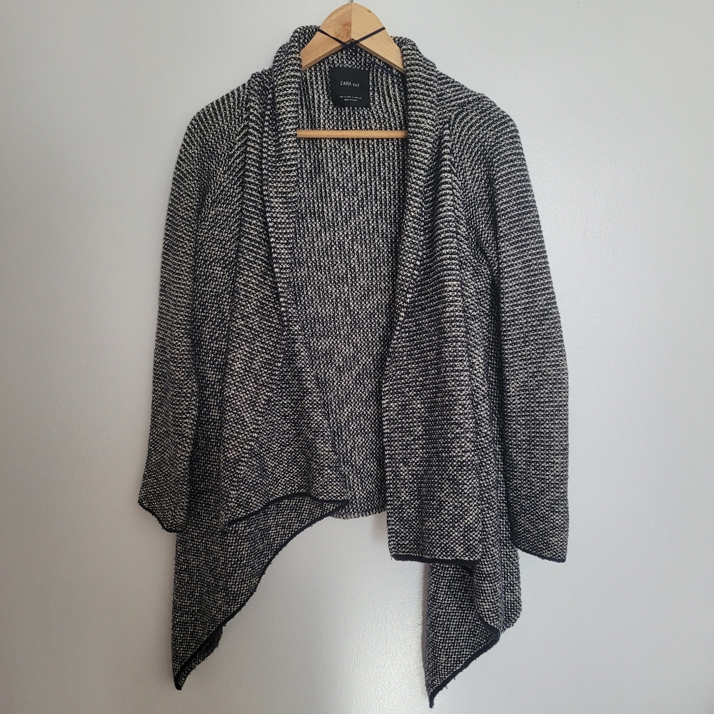 Zara Wool Cotton Knit Tweed Draper Front Waterfall Open Cardigan Size S Sweater